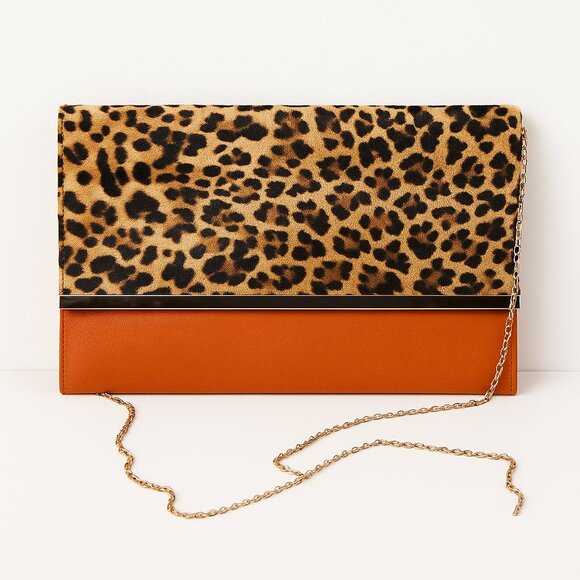 Leopard Print & Orange Colorblock Clutch with Gold Chain Strap – Bold Statement - Picture 1 of 6